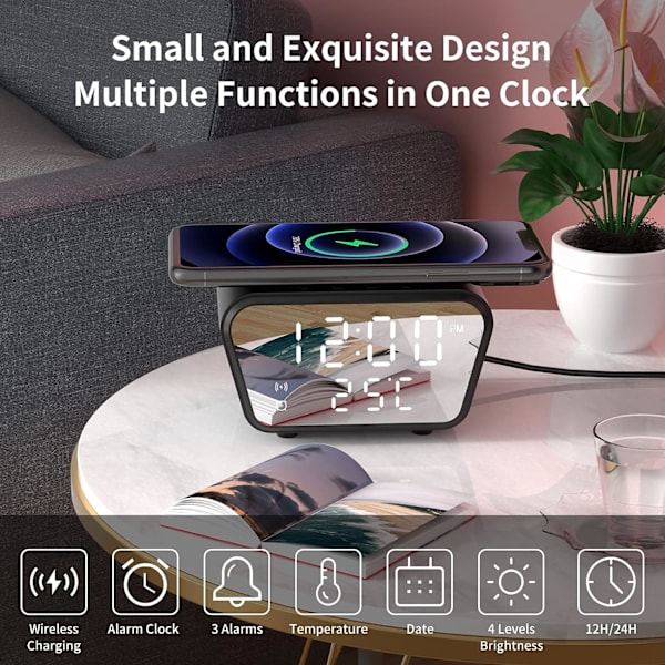 Digital vekkerklokke med trådløs lading for soverom smart skrivebord