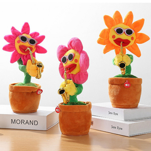 Syngende og dansende blomst med saksofon morsom plysj elektrisk til