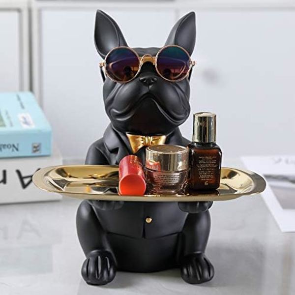 Fransk Bulldogg Statue med Rustfritt Stål Brett, Borddekorasjon