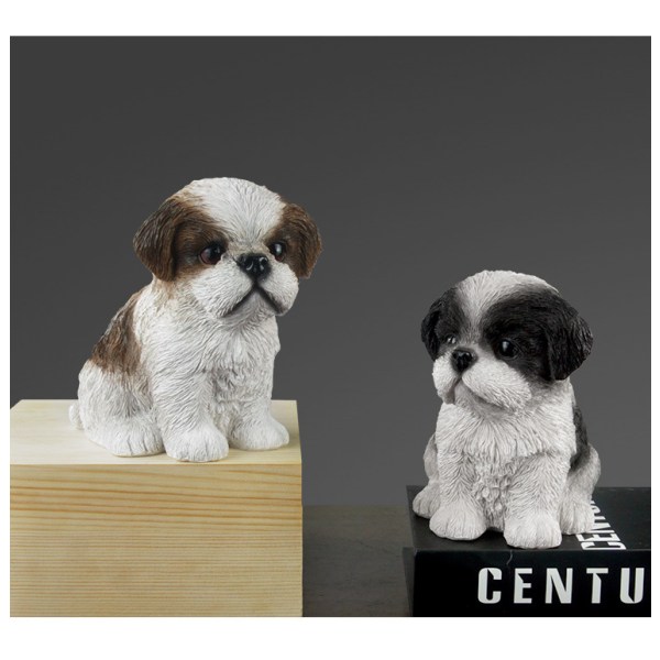 Resin Ornament, Siddende Shih Tzu Hund - Sort/Hvid