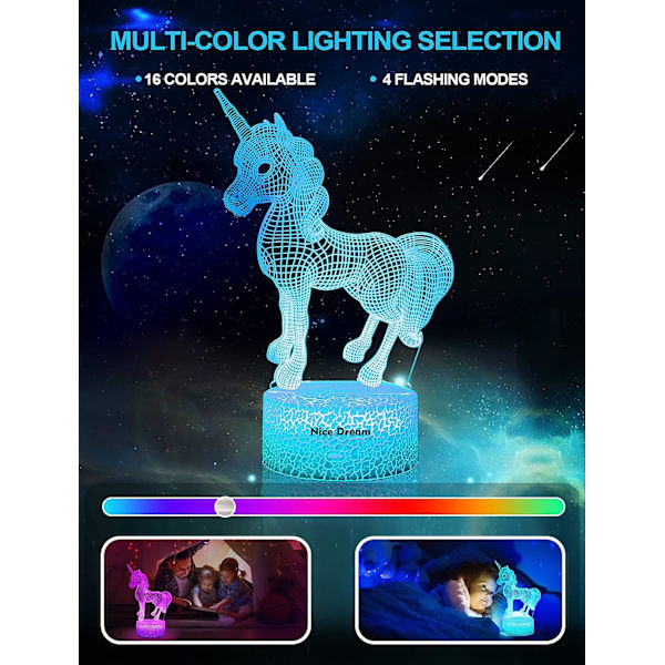 3D Enhörningsnattlampa för barn, USB LED Illusion Nattlampa för