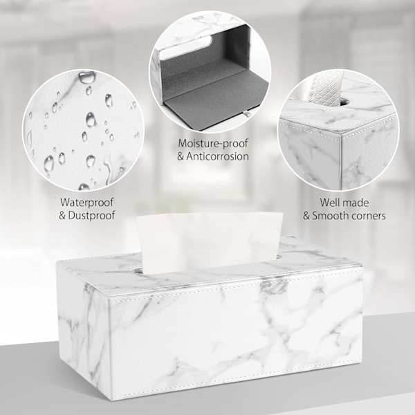 Vit, rektangulär läder servettlåda (marmor) Hem vardagsrum l