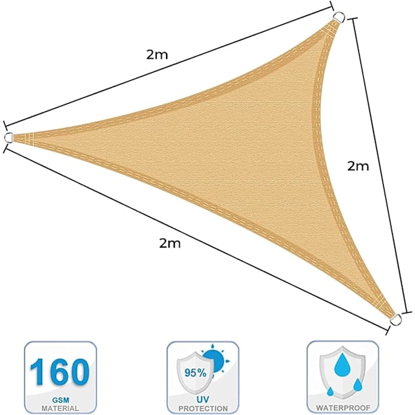 Vattentät 2x2x2 solsegel, 2m triangel trädgårdssegel, 98% UV-block