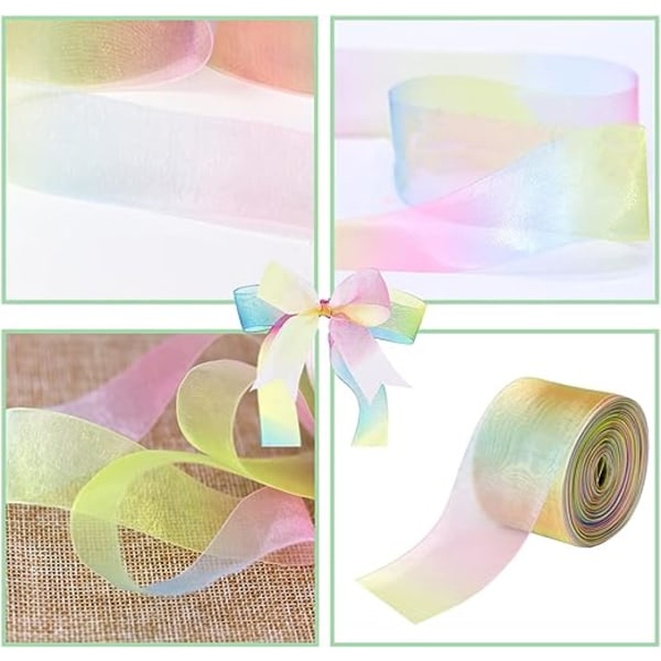 1 stk regnbuebånd, 50 meter, 25 mm, organza-bånd, organza-ribb
