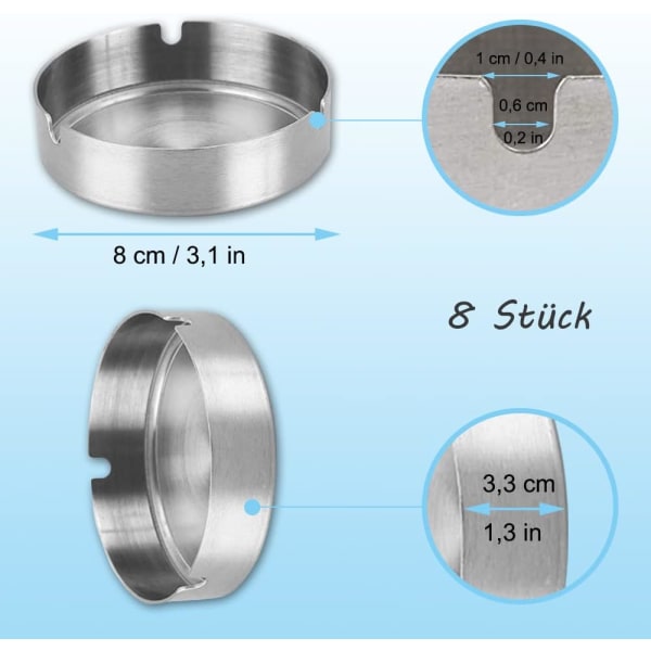 8 cm set med 2 runda askkoppar i rostfritt stål för bar, restaurang, b