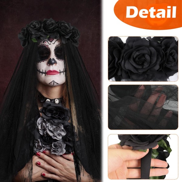 1 PC Black Day of the Dead pandebånd, Halloween Gothic Headdress Ro