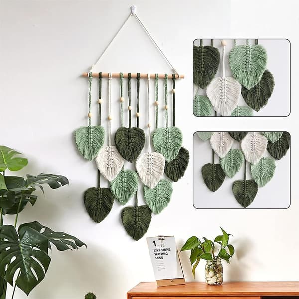1 stk. Macrame vægophæng, Boho-stil, med træperler og blade