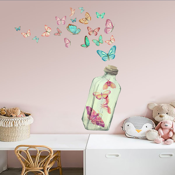 Glasflaske, farverig lysende blomst, sommerfugl wallsticker, l