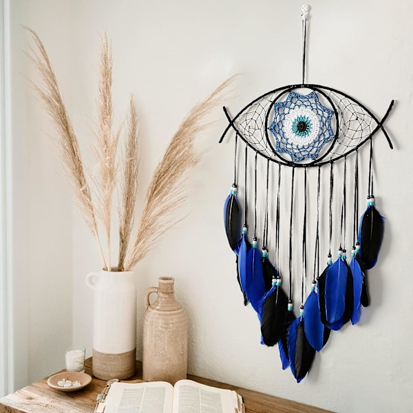 Macrame Evil Eye Dream Catcher Hand-woven White Feathers Dreamcat