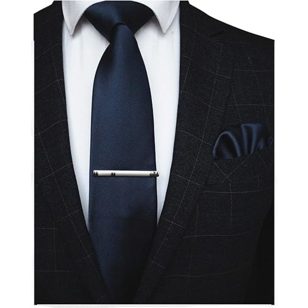 Blå herre silke twill slips og bindeklemme, firkantet lomme 4-delt sæt