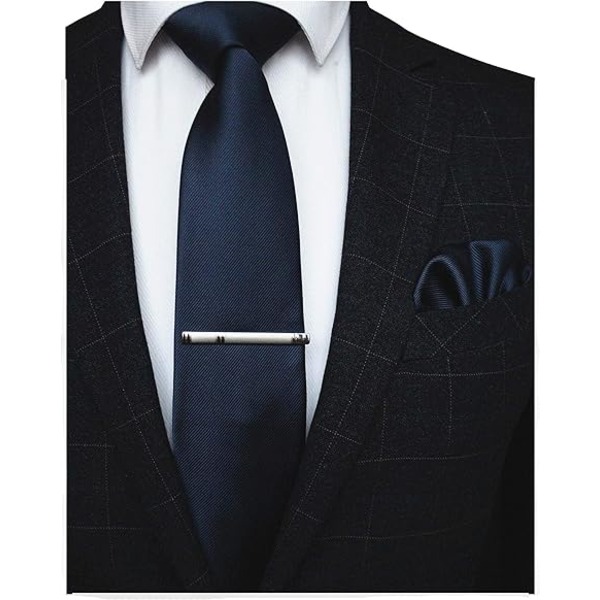 Blue men's silk twill tie and tie clip, square pocket 4-piece set