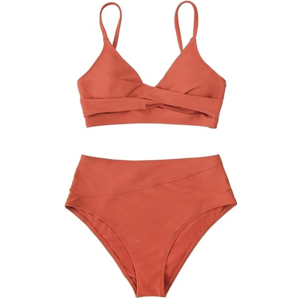 Kvinders rødt twist højtaljede bikinisæt, elegant V-hals 2-delt S