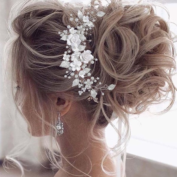 Hvitt, hår vintreet bryllup blomstermønster, med perler, brudehodeb