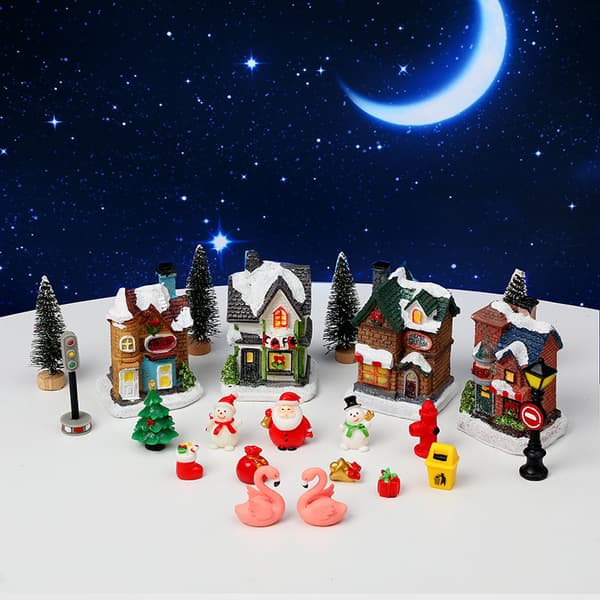 Ny julebelyst lite hus ornament 18-delt sett