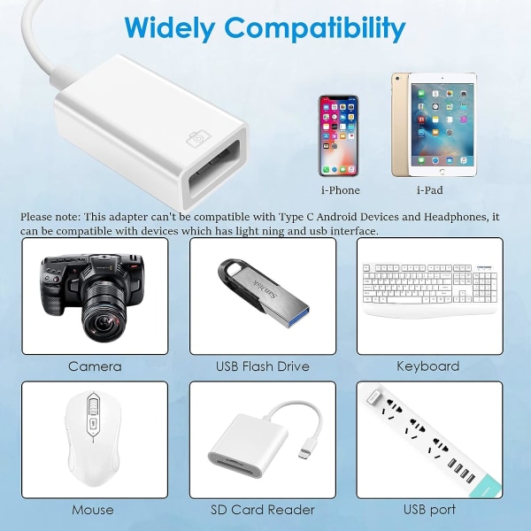 Lightning till USB-kameraadapter kompatibel med i-Phone, i-Pad, US