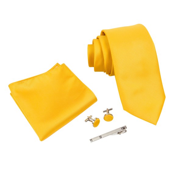 Miesten silkkitwillinen solmio ja solmioklipsi, neliömäinen tasku keltainen 4-osainen s