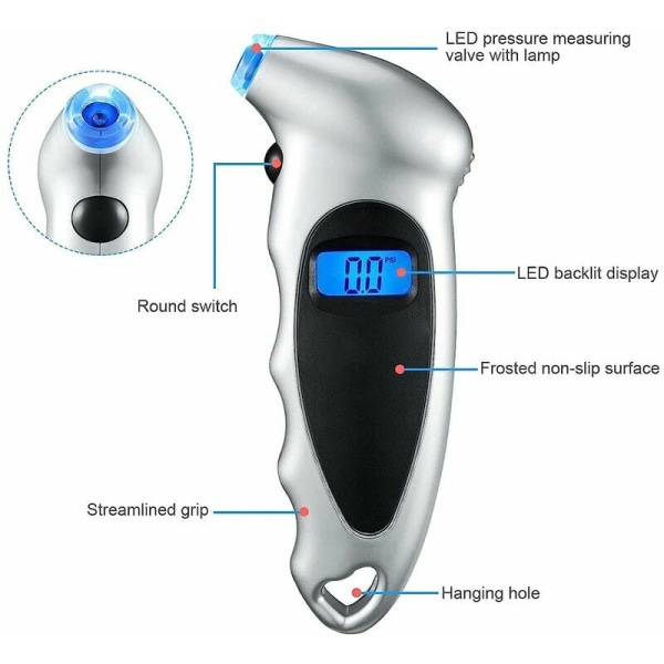 1PC Svart Digital Däcktrycksmätare, 150 PSI Bärbar Bakgrundsbelyst L