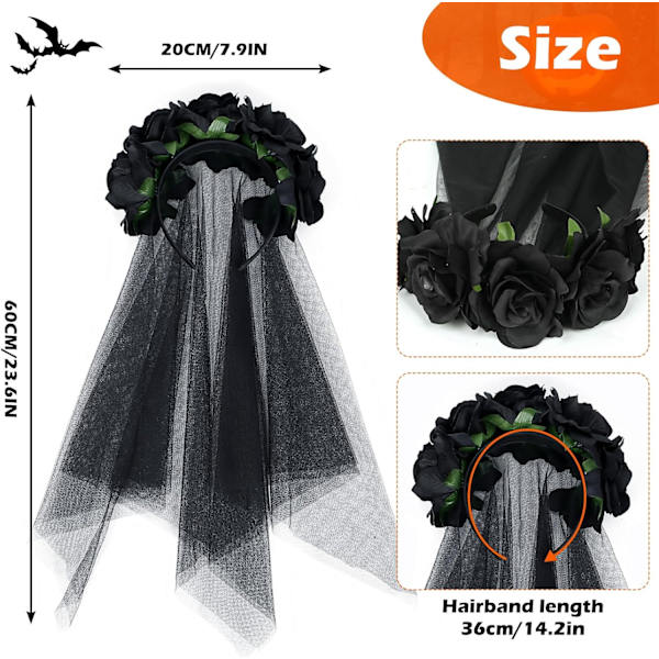 1PC Svart Dia de los Muertos Hårband, Halloween Gotisk Hårprydnad Ro