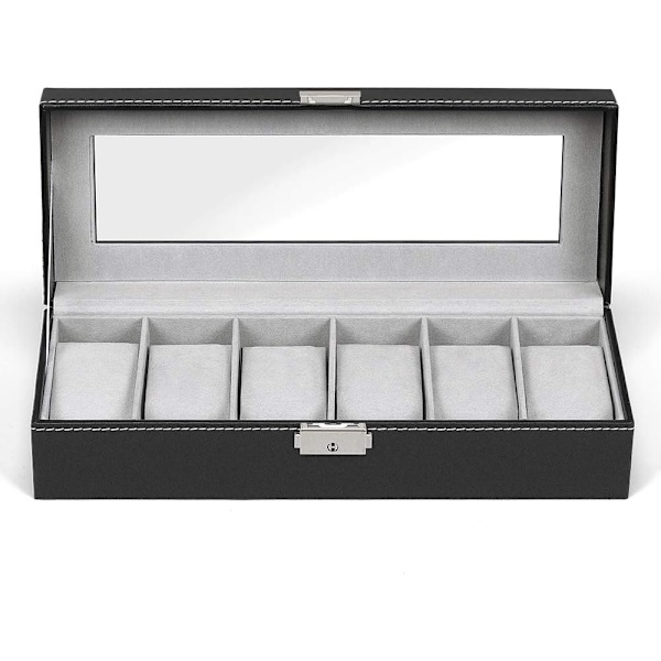 6 Fack Läder Klocklåda Display Box Organizer Glas Smycken Förvaring