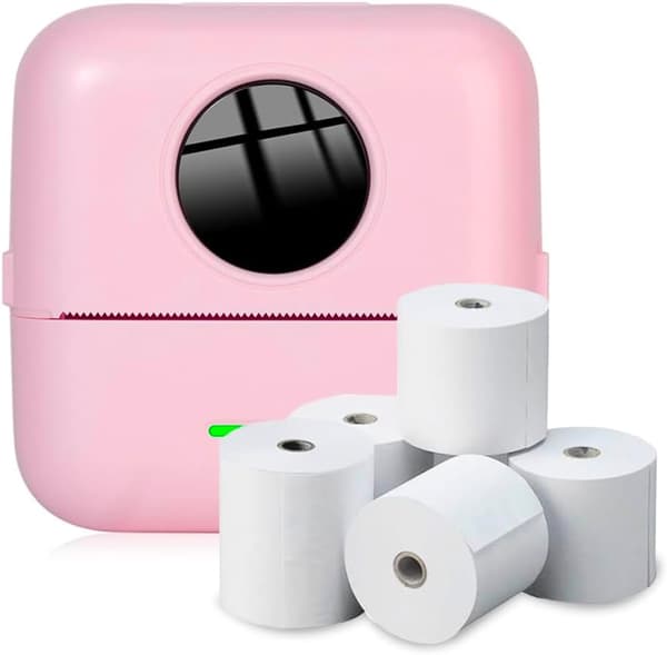 Rosa Bärbar Foto Skrivare med 5 Rullar Termiskt Papper - Mini