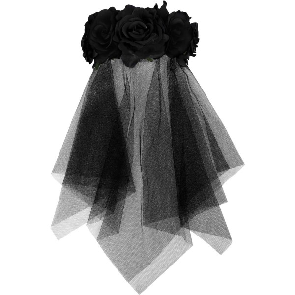 Black Flower Crown Pannband Gothic Bride Veil Halloween Tiara Hea