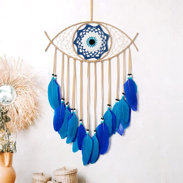 Macrame Evil Eye Dream Catcher Håndvævet Hvide Fjer Dreamcat