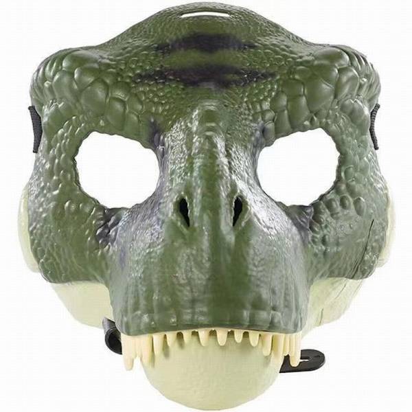 Dinosaurusmaski, jossa aukeava leuka, silmä- ja nenäaukot sekä turvallinen
