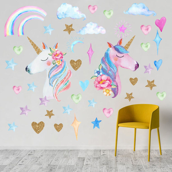 3 unicorn wallstickers, stor regnbåge unicorn star heart wall de