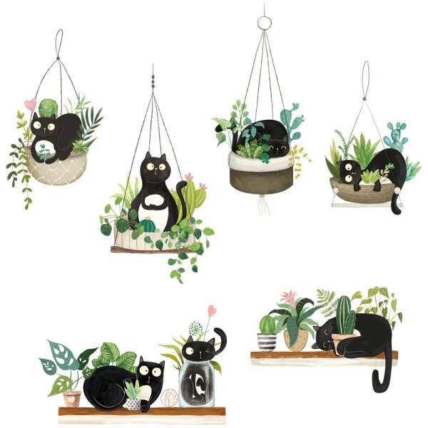 Green Potted Plants Cactus Wall Decal Cute Black Cat Stickers, DI