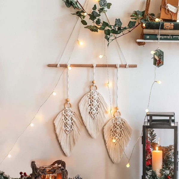 Macrame väggbonad vävd gobeläng Boho dekor blad fjäder handgjord