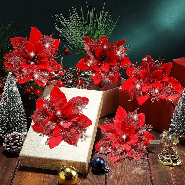 20 stk juledekorasjon, kunstig juleblomst, glitter