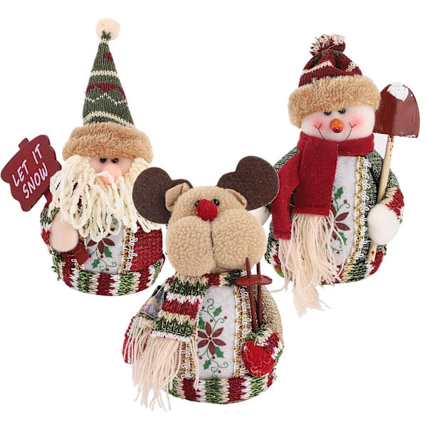 3 delar jul sittande prydnad, plysch tomte snögubbe ren