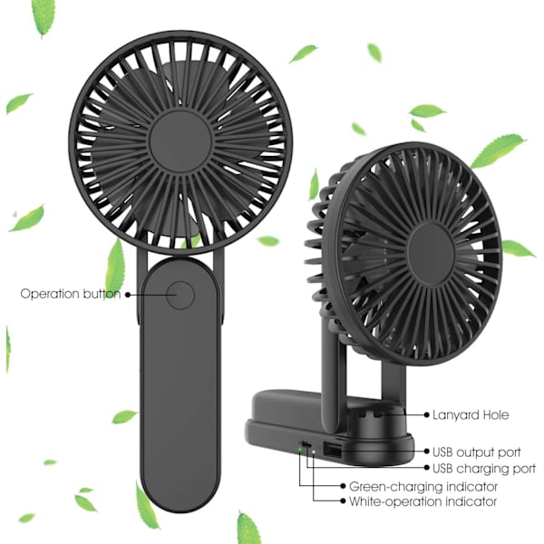 (Musta) Käsipuhallin, Mini Hiljainen Kannettava USB-Ladattava Tuuletin, Virta