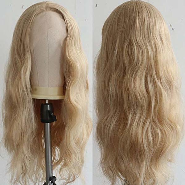 Lång naturlig lockig limfri spets fram peruk gyllene blond syntetisk
