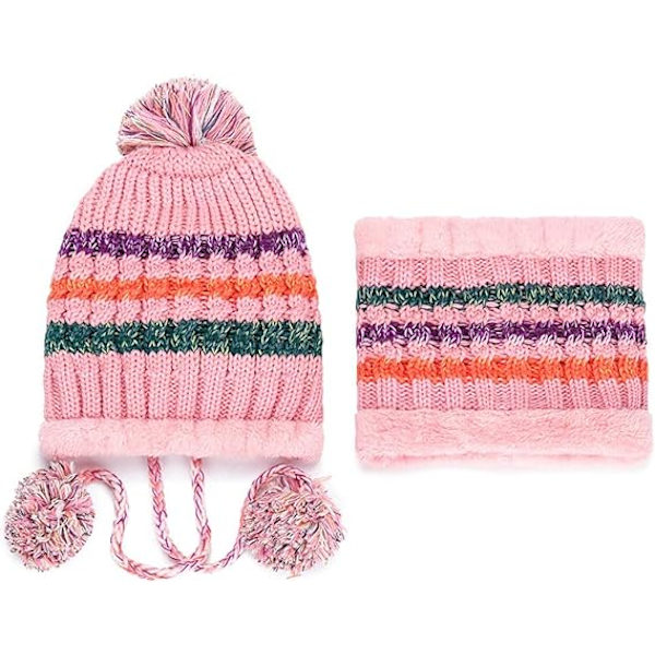 Rosa mössa+halsduk set dam stickad mössa halsduk set vinter varm tjock