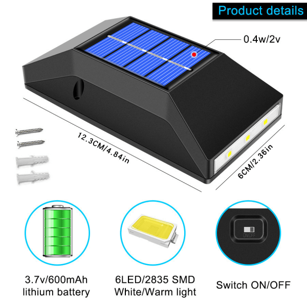 Udendørs solcelle væglampe, 6 LED væglamper til have, hegn, sti