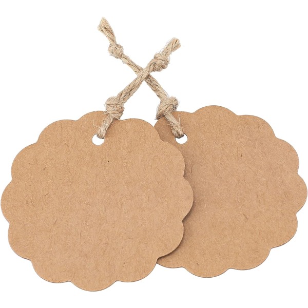 6 cm runde Kraft-papir-etiketter, 100 stk. gaveetiketter med 20 m jutesnor,
