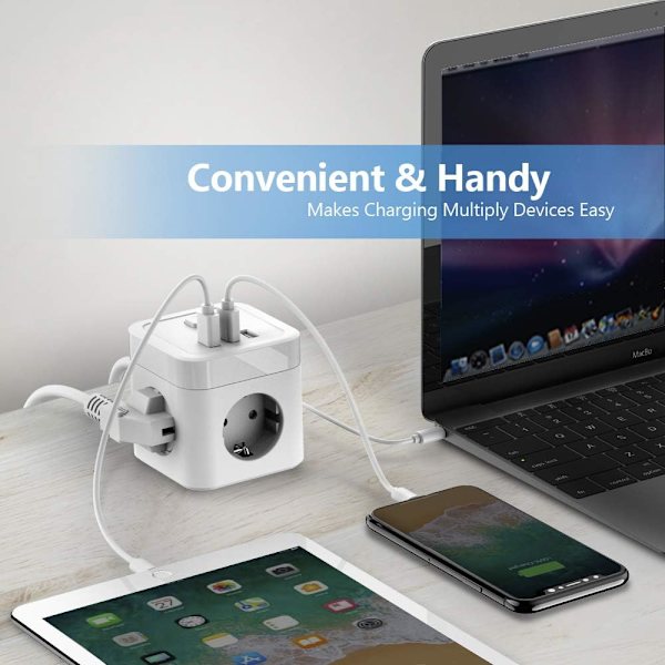 Cube USB-stikkontakt, 3-stikkontakt med 2 USB-opladningsport