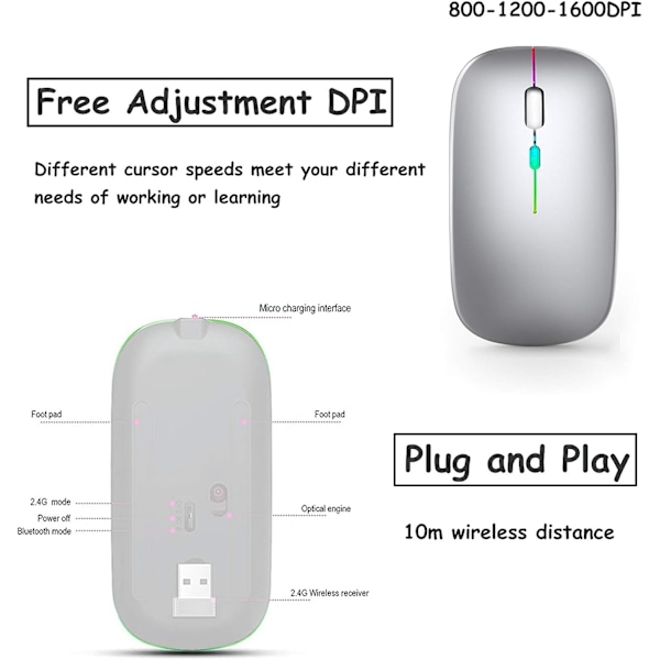 Genopladelig trådløs mus, Bluetooth-mus, to tilstande (BT 5.1 +