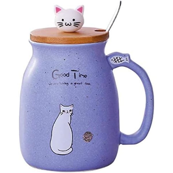 450 ml/15 oz søt katt lilla keramikkkrus - med skje, tredimensjonalt