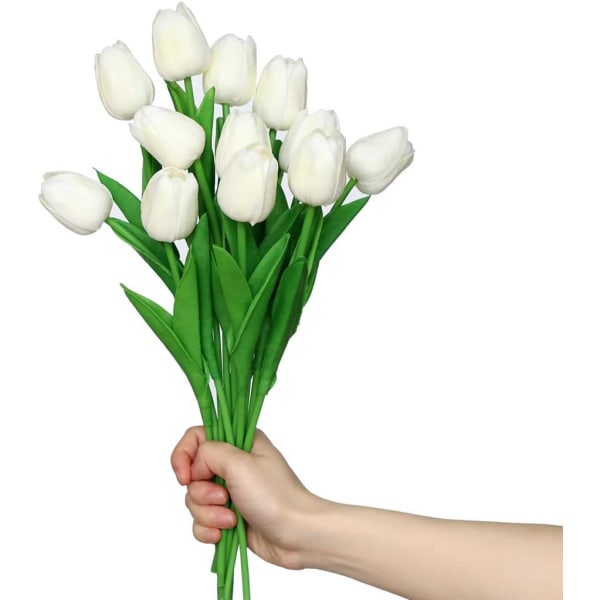 12 stk. Kunstige tulipaner i latex, kunstige blomster med ekte preg, hvite