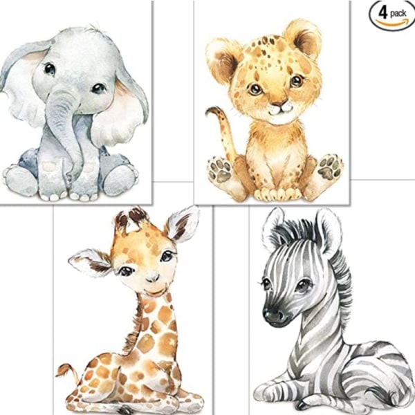 Sæt med 4 plakater til babyværelser - A4-størrelse Tiger & Giraffe Zebra, Boy &