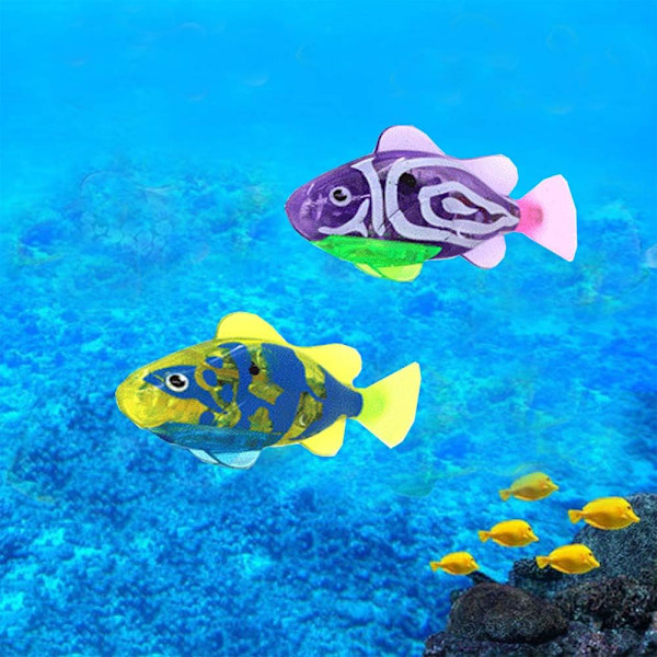 2 stk. svømmende fiskrobot, plastfiskleketøy, vannaktivert mag