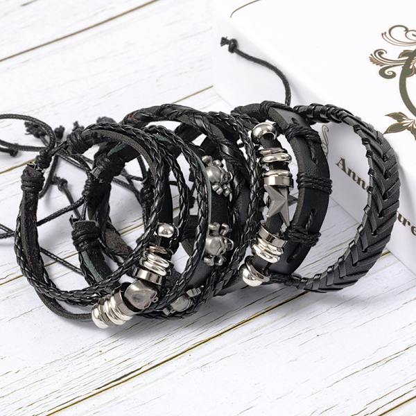 6 st svartbrunt läderarmband flätat brett armband dam herr P