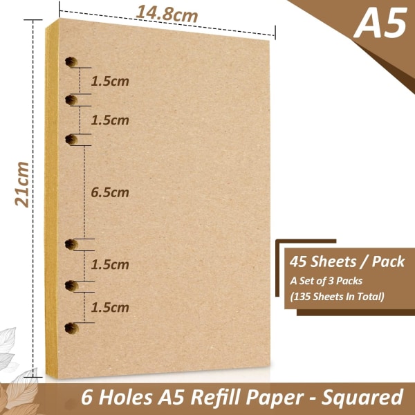 A5 fyllark, 3-pak påfyllbare ark, kraftpapir, 6 hull f