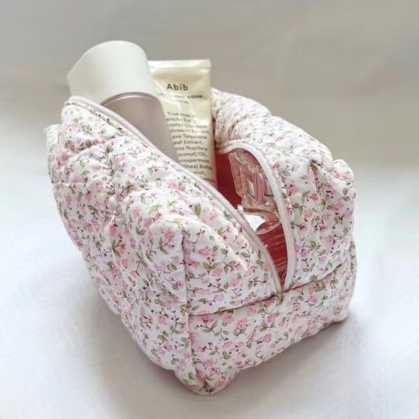 ROSE PINK Blomstret Puffy Quiltet Makeup Taske Stor rejsekosmetik B