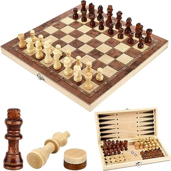 1 st set, 3 i 1 träschack schackdam Backgammon, fol