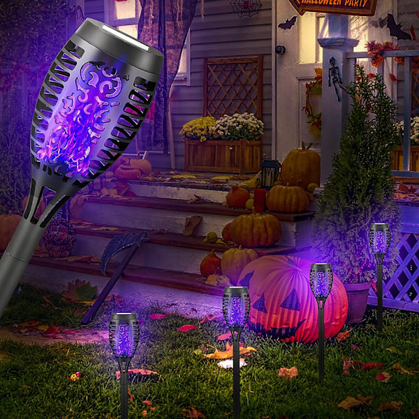 4 stk. solfakkellys med flimrende flamme, solcelledrevet Halloween