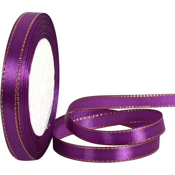 Lilla satinbånd med guldkanter, 1 cm x 23 m, polyesterstof