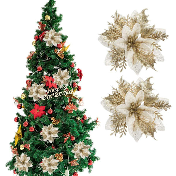 Guld + Röd Färg 24 Stycken Julstjärna Dekorationer Glitt